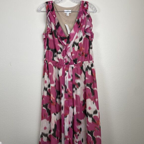 NWT Ann Taylor LOFT Ruffle V-Neck Fit Flare Mini Dress Brunch Floral Pink-10 - Picture 1 of 11